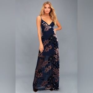 Lulus Sheer Navy Maxi Slip Dress Lining Pink Blue Velvet Burnout Adj Straps